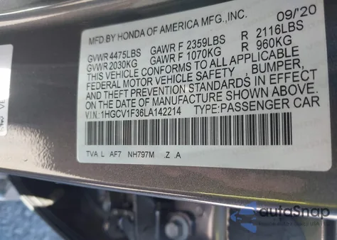 2020 Honda Accord Sport z USA, uszkodzony, nr VIN 1HGCV1F36LA142214